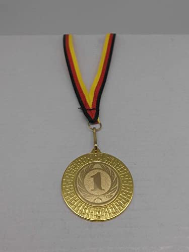 Fanshop Lünen Zahlen 10 Stück Medaillen - Zahl - Nr. 1 - aus Stahl 40mm / Gold - inkl. Medaillen-Band - mit Alu Emblem 25mm - Turnier - (9285)