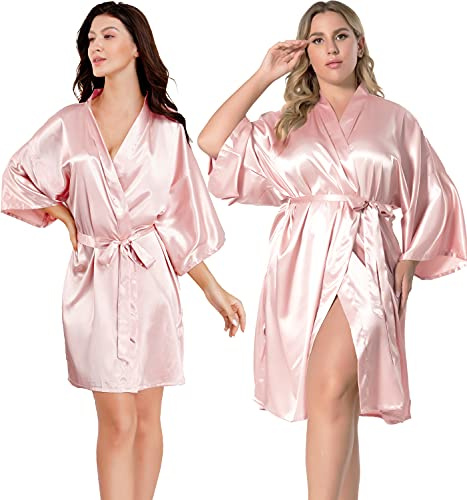 EPLAZA Women Kimono Satin Robe, Silky Dressing Gowns Bride Bridesmaid Robes Short Nightwear for Wedding Party(Rose，6)