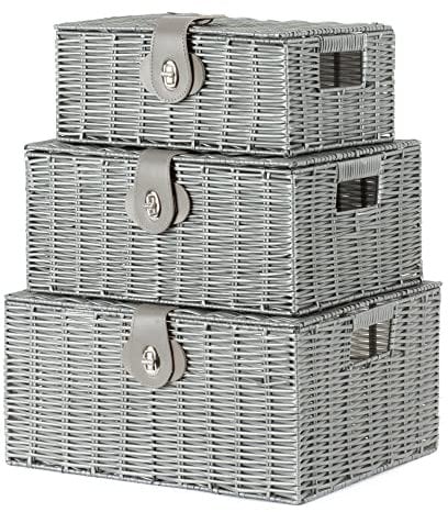 LIVIVO Set of 3 Resin Woven Wicker Hamper Basket Storage Box with Lid and Lock (Set of 3 Grey)