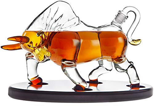 Animal Whiskey Decanter Bull On Wooden Display Tray - For Liquor Scotch Vodka or Wine - 500ml