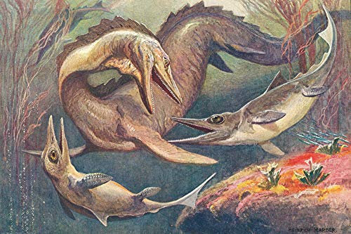 1art1 Dinosaurier XXL Poster Mosasaurier Und Ichthyosaurier, Heinrich Harder, 1912 Plakat | Bild 120x80 cm