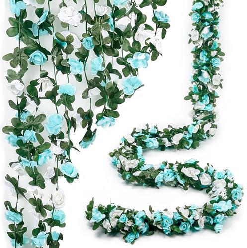 Miracliy 5Pcs 41FT Blue and White Flower Garland Artificial Rose Arch Vines Fake Spring Floral Garland for Flower Wall Backdrop Wedding Mothers Day Garden Tea Party Decoration