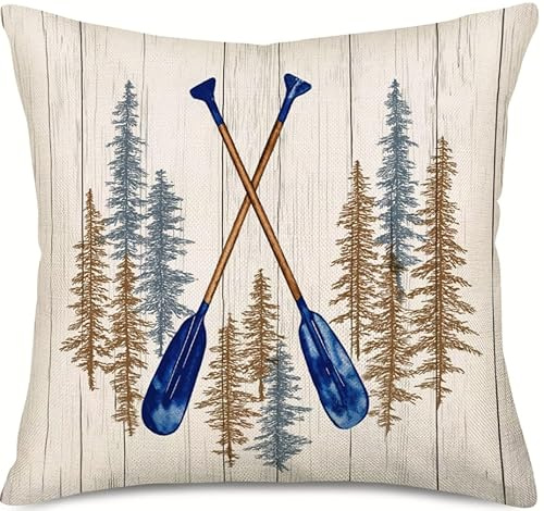 Fukeen Boat Paddle Throw Pillow Covers Cotton Linen Retro Wood Grain with Pine Trees Decorative Pillow Cases Adventure Theme Home Outdoor Decor Standard 18x18 Inch Cushion Cover