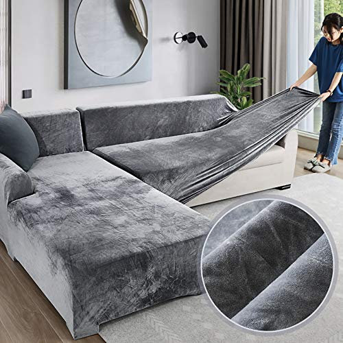 DZWAZD Velvet Plüsch Schonbezug Sofa, Stretch Sofa Überwurf Sofabezug Weich Dick Sofahusse Für L-Form Schnittcouch,1 2 3 4 Sitzer -grau Recliner