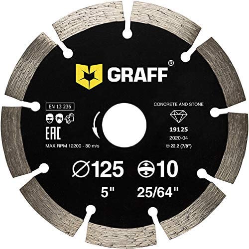 GRAFF Diamantscheibe 125mm für Stein, Beton, Bordstein, Natur- und Kunststein - Standard Diamanttrennscheibe für Winkelschleifer und Flex - Segmenthöhe 10mm
