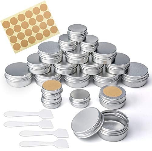 20 Stück Pots en Aluminium avec Cuvercles, Boite Metallique Ronde, Pots de Contenants Cosmétiques Vides avec Couvercles à vis, Mini Spatule, pour Bougies,Pommades, Cosmétiques(20ml 10ml 5ml)