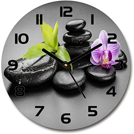Tulup Glasuhr ⌀ 60cm - Schwarze Zeigern - Wanduhr Wandkunst Bild Gehärtetem Glas Uhr Echtglas Küche Wohnzimmer - Zen Steine