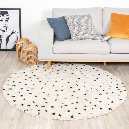 FRAAI | Home & Living Teppich Hochflor Rund - Grand Dots Creme Schwarz - Punkte - Modern, Skandinavisch - Wohnzimmer, Esszimmer, Schlafzimmer - Fellteppich - Carpet