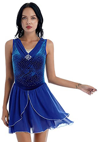 ranrann Damen Ballettkleid Ballettanzug Ärmellos Gymnastikanzug Turnanzug Samt Top Oberteil mit Strass Chiffon Rock Frauen Tanzbekleidung Performance Blau S