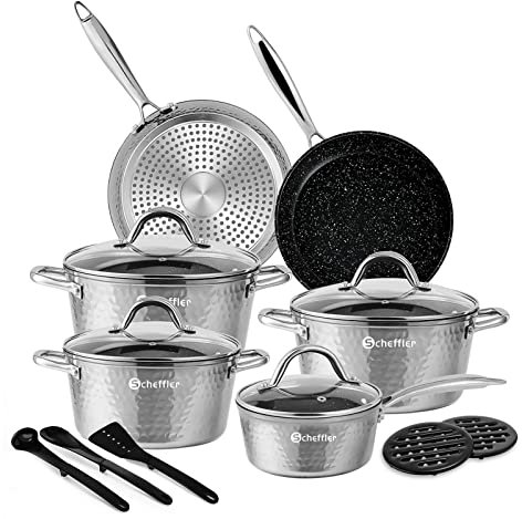 Topfset,Scheffler Topfset Induktion 15-teilig, Induktions Töpfe Set, Töpfe mit Glasdeckel, Kochtopf-Set, Töpfe und Pfannen, Induktionsgeeignet, Edelstahl Griff-Sliver(SCH-A21PS201)
