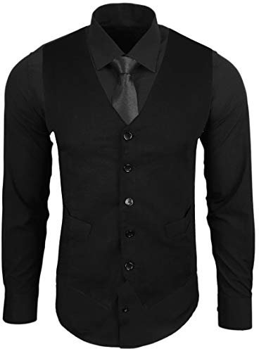 Baxboy Herren Hemd mit Weste Krawatte Anzugs Sakko Business Hochzeit Freizeit Hemden Frack Herrenweste Set wählbar B-44-HWKR, Farbe:Schwarz, Größe:3XL