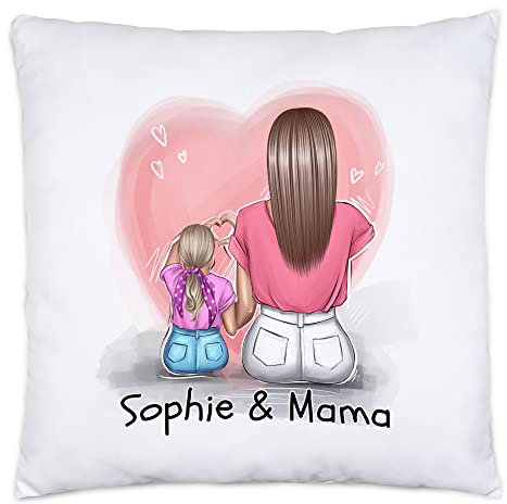 Kiddle-Design Mutter Tochter Kissen inkl. Füllung Muttertag Personalisiert Name Frisur Mama Tochter Geschenk Kinder Kaffeetasse Mütter Geschenk