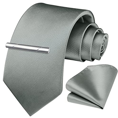 HISDERN Herren Hochzeit Grau Krawatten und Einstecktuch krawattenklammer Set Einfarbige in verschiedenen Farben