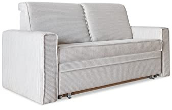 MIUFORM Sofa mit Schlaffunktion Bettkasten | Lucky Lucy| Schlafsofa mit Bettkasten und Armlehnen | Sofa Bett | Wohnzimmer Schlafzimmer Gästebett | Cord-Stoff (Beige)