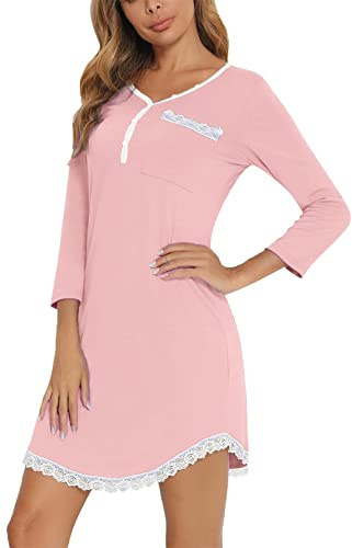 Yukiuiny Chemises de Nuit Femme Coton Dentelle Nuisette Robe de Nuit Courte T Shirt de Nuit Pyjama Casual Col V Sexy Maternité Allaitement Top Confortable