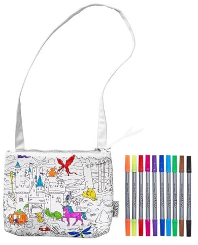 eatsleepdoodle Märchen-Umhängetasche zum Ausmalen mit Einhörnern, Prinzessinnen, Meerjungfrauen, Drachen und Rittern, waschbar und wiederverwendbar, inkl. 10 auswaschbare Stifte, 22x18cm