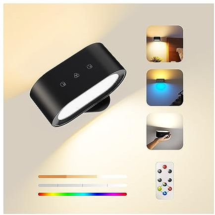 Wall Lights Indoor, Wall Lamp with Remote Control 7 RGB Ambiance Light with Battery Touch Control 15 Lighting Modes 4 Dimming Levels, 1-Hour Timer Function 360° Rotatable Up and Down Light
