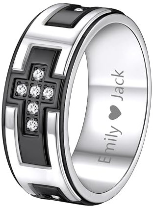 Supcare Herren Ringe Schwarz Namen-Kreuzring Religious Ring Fingerring Edelstahl Faith Cross Ring Antistress Ring Spinner Ring Wolfram Ring Vintage Hip Hop Rock Bandring Schmuck für Erntedanktag