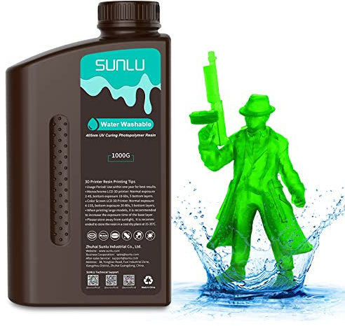 SUNLU Wasser Abwaschbar 3D Drucker Resin 1KG, 405nm UV Harz 3D Druck Photopolymer Harz für 4/6/8K LCD DLP SLA Resin 3D Printer, Hohe Präzision,Geringer Geruch,Water Washable,Transparent grün 1000g