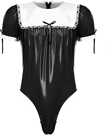 Nyeemya Herren Dienstmädchen Uniform Sexy Lack Leder Body mit Spitzen Kragen Franzözisch Maid Babydoll Einteiler Nachtwäsche Party Clubwear Schwarz L