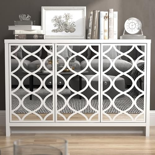 Galano Iris 3 Door Sideboard – Storage Cabinet with Drawers for Living Room, Bedroom & Kitchen, White