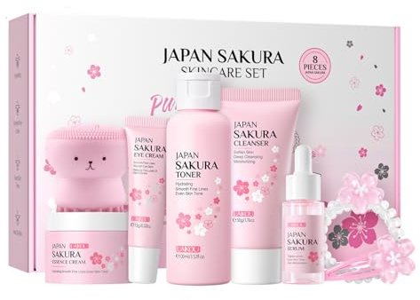 Japan Sakura kin Care Sets & Kits 8PCS-Facial Kit with Cleanser, Toner, Serum,Eye Cream,Face Moisturizer,Face Brush&Hair Clips - Hydrating Travel Beauty Gift Set for Women Teen Girls Mom (Sakura-8PCS)