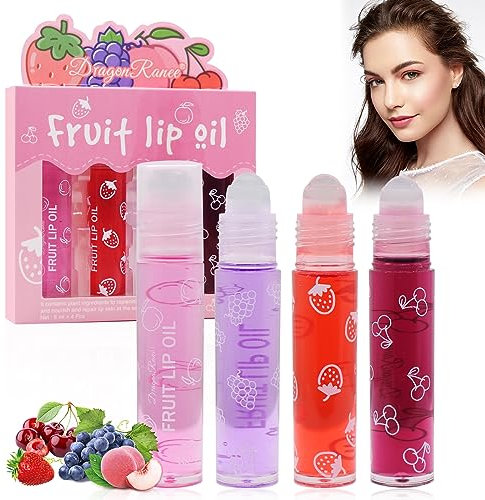 Horuili® Horuili® Glitzer-Lipgloss Aufrollen, Farblos Durchsichtig, Lip Shiner Gloss Set, Roll-On, Fruity Moisturizing Lip Oil Sheer Glossy Lipstick für Pflegende Lippen (4 Stück, Nicht anwendbar)