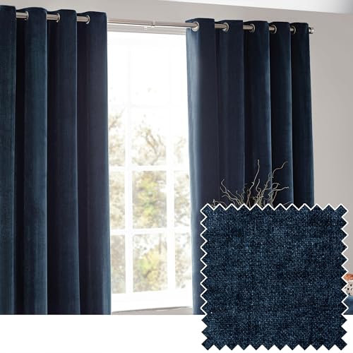 furn. Yard Heavy Chenille Eyelet Curtain Pair – Lined Room Darkening Soft Velvet Curtains (Navy - Width 168 x Drop 229cm)