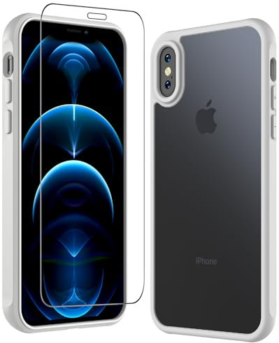 Hensinple Hülle für iPhone X, Matt Transluzente Hülle iPhone XS Militärschutz Stoßfeste Schutzhülle mit Panzerglas für iPhone X/XS Anti-Fingerabdruck Kratzfeste TPU Bumper iPhone X Case (Grau)