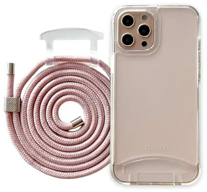 milux Handykette Phone Necklace mit Abnehmbarer Kordel Handyhülle – Modell iPhone 13 Pro (Transparent mit Kordel Rosa)