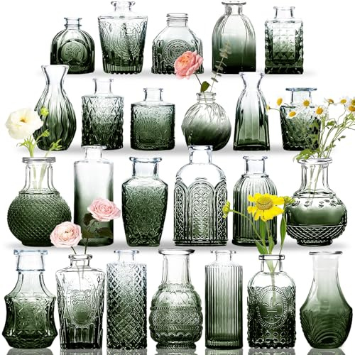 KOIUEYW - Lot de 24 petits vases vintage en verre transparent pour fleurs, mini vases en vrac pour centres de table, décorations de mariage rustiques, décoration de table, vert et rose