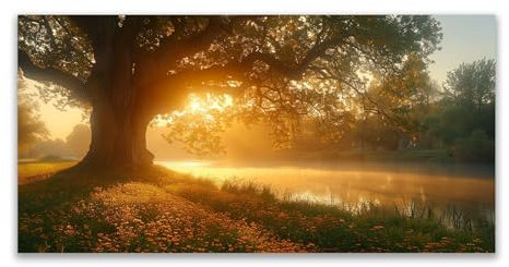 JOSUE Wald Bilder Wohnzimmer Baum des Lebens Leinwandbilder Wohnzimmer,Grün, Gold Wandbilder Wohnzimmer Wanddeko Badezimmer Dekor-50x100cm Ungerahmt