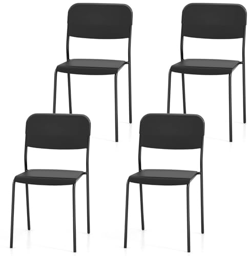 TANGZON Stackable Dining Chairs Set of 4, Stacking Kitchen Seats With Backrest, Wide Seat & Metal Legs, Reception Conference Chairs for Home Living Room Office Lounge (Black)