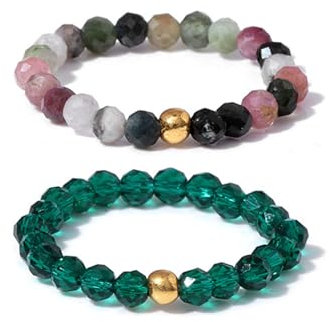 Elastischer Naturstein Ring, 2 Stck.Perlen Elastische Ring, Perlenring elastisch, Anxiety Ring facettiert, Edelstein Perle Stapelbar Ring für Damen Mädchen (Grün)