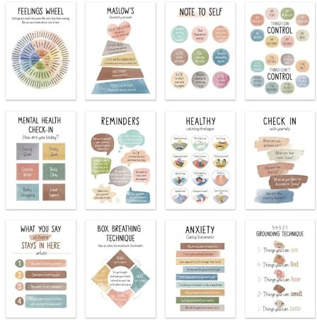 Generisch Poster-Set für psychische Gesundheit, 12 x beruhigende Poster, Wandmontage, für Kinder, Erwachsene, Zuhause, Klassenzimmer