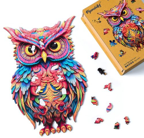Figured'Art Holzpuzzle Erwachsene und Kinder 200 Teile Tiere - Strahlende Eule - Originelles Design 20,3x32 cm Einzigartige Form mit Premium-Holzkiste