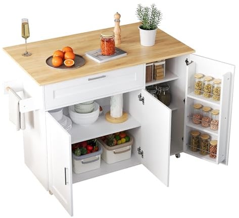 xixiworkshop Mobiler Küchentisch, Arbeitsplatte klappbar, Eiche Maserung, multifunktionaler Schrank, Gewürzregal, Handtuchhalter, 5 Rollen, geeignet für Küche/Essen/Haus (Weiß)