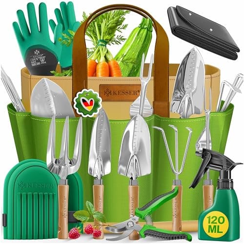 KESSER® Gartenwerkzeug Set 10-teilig mit ergonomischen Holzgriffen inkl. wasserdichte Tasche aus 600D Oxford-Material, Knieschoner, Pflanzmatte, Sprühflasche, Gartenschere, Handschuhe für Gartenarbeit