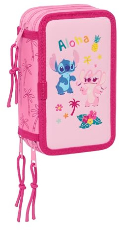 Stitch CHILL Schulmäppchen mit 37 Utensilien, Federmäppchen für Kinder, ideal für Kinder von 5 bis 14 Jahren, bequem und vielseitig, Qualität und Widerstandsfähigkeit, 12,5 x 5,5 x 19,5 cm, Minz/Rosa