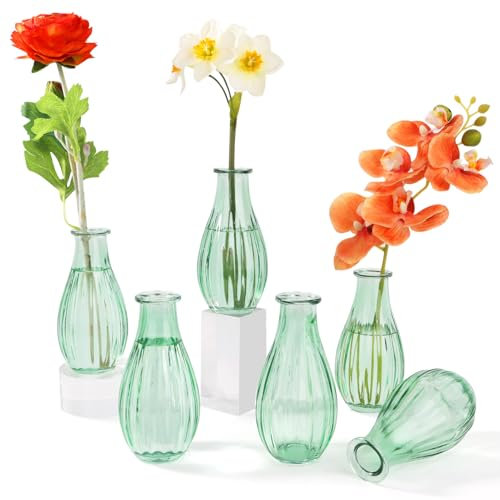 Otauoaea Juego de 6 Jarrones Pequeños de Cristal, 220ml Vintage Mini Jarrones Decoración Set,Jarrones para Decoración de Mesa de Boda Diferentes Tamaños Florero para Decoraciones de Boda,Verde