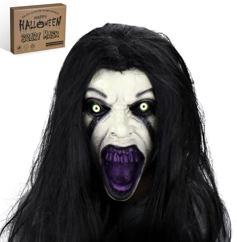 SelfTek Halloween Horror Maske mit Haaren für Erwachsene | Original Patented Gruselige Weibliche Geistermaske, Latex Atmungsaktiv, Realistische Grusel Maske für Halloween