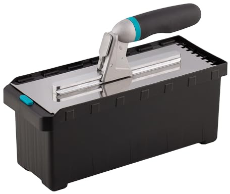 MIVOS Maurerkellen Set mit abnehmbarem Griff und Transportbox - 6, 8, 10, 12mm, U-Typ, Tiger-Typ - 6 Zahnglättekellen - Edelstahl Glättekellen mit Softgriff - Fliesenkelle - Traufel