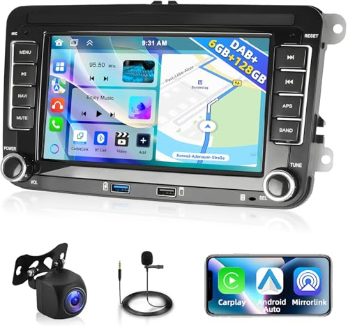DAB 6GB+128GB Motorsi Carplay Autoradio per VW Golf 5 Tiguan Touran Passat Polo Skoda Caddy Seat con Wireless Android Auto, GPS Navigation, WiFi, FM/RDS, EQ, SWC, Bluetooth, Schermo Diviso, Canbus