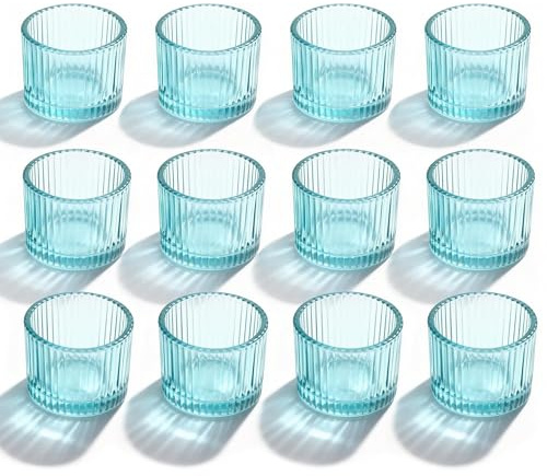 FUND AMLIGHT 12 Stück Blaue Teelichtgläser aus Glas, Votivkerzenhalter für Hochzeit, Weihnachten & Tischdekoration, Teelichter Kerzenhalter für Heimdekoration, Deko für Kerzen