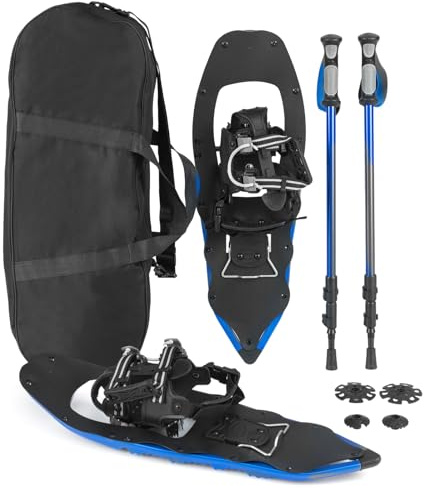 COSTWAY Juego de Raquetas de Nieve Aluminio con Bastones de Senderismo, para Todo Terreno, Fijación Ajustable con Acolchado EVA y Sistema de Una Sola Tracción, Bolsa de Transporte (Azul,63 x 21 cm)