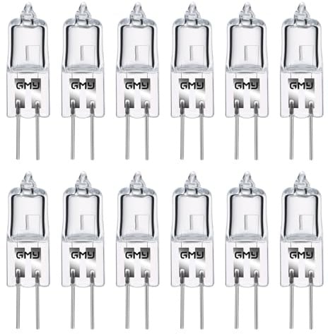 GMY G4 12 Pack Halogen Light Bulbs 10W 12V 2800K Warm White Dimmable 2-Pin Capsule Lamps, High CRI No Flicker for Cooker Hood Bathroom Lava Cabinet Table Downlight Kitchen Ceiling Lamp