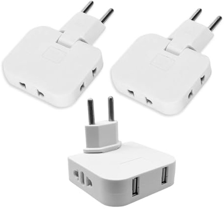 Pack 3 Ladrón Enchufe Plano Extraplano de Pared, Cabezal Giratorio 180º | 2X Adaptador Múltiple 3 Tomas + 1x Adaptador 2 Tomas + 2 Puertos USB | Ideal Detrás de Muebles, Ahorra Espacio. (Blanco)
