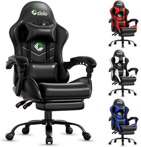 Czlolo Silla Gaming, Silla Gamer Ergonómica con Reposapiés y Masaje Lumbar, sillas Gaming Reclinable y Reposacabeza, Carga 150kg, Silla Oficina Juvenil, Negro