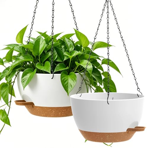 WSMKSZ 33cm Große Selbstbewässernde Blumenampel, 2er Set Blumentopf Hängend | Dicke Kunststoff Pflanzenampel mit Wasserreservoir & Drainageloch, Hängetopf Innen Außenbereich für Balkon, Veranda sowie