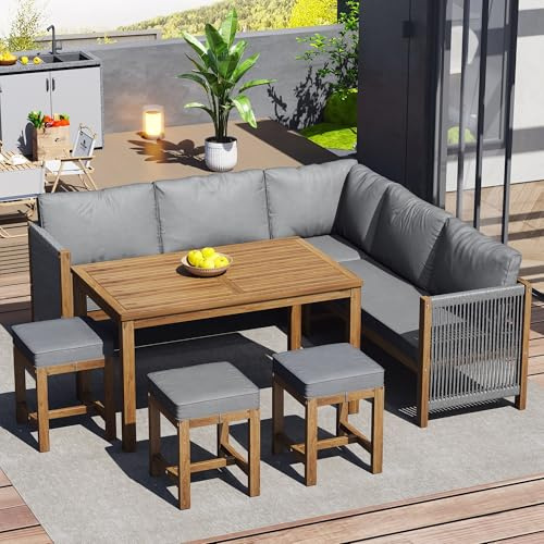 Lahoomu Sitzgruppe Gartenmöbel Akazie & Rattan – Eckcouch Set für 7-8 Personen mit Tisch & Hocker – Balkonset & Terrassenmöbel – Outdoor Lounge-Möbel Grau, 6-teilig